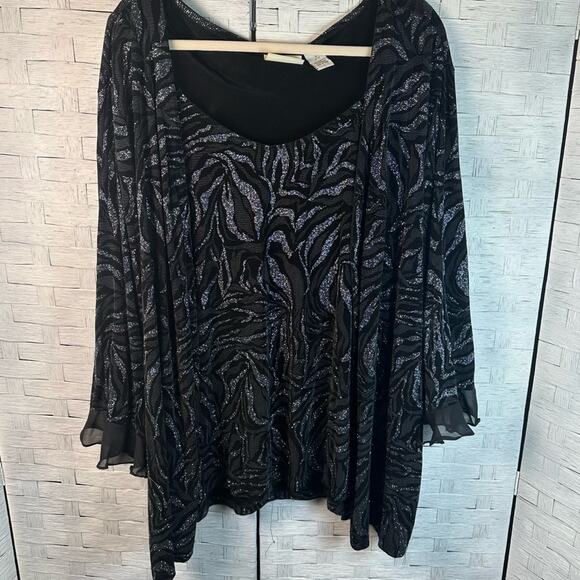 Java black & silver glittery layered blouse ruffle, sheer cuff evening plus size - Picture 1 of 13